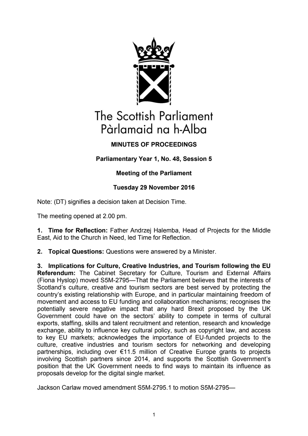 Minutes of Proceedings 29 November 2016 Vol. 1, No. 48 Session 5