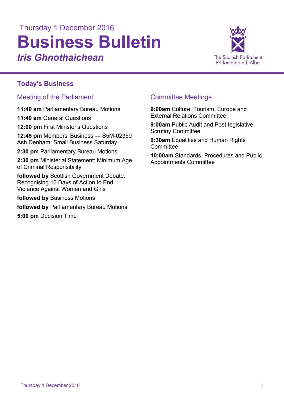 Business Bulletin, Thursday 1st December 2016