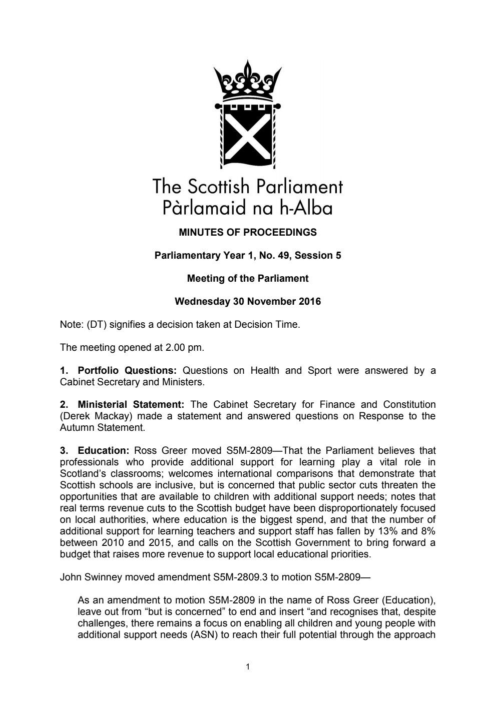 Minutes of Proceedings 30 November 2016 Vol. 1, No. 49 Session 5