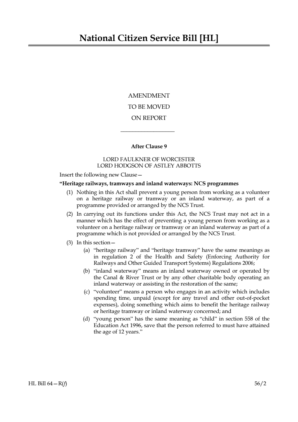National Citizen Service Bill Lords Amendments