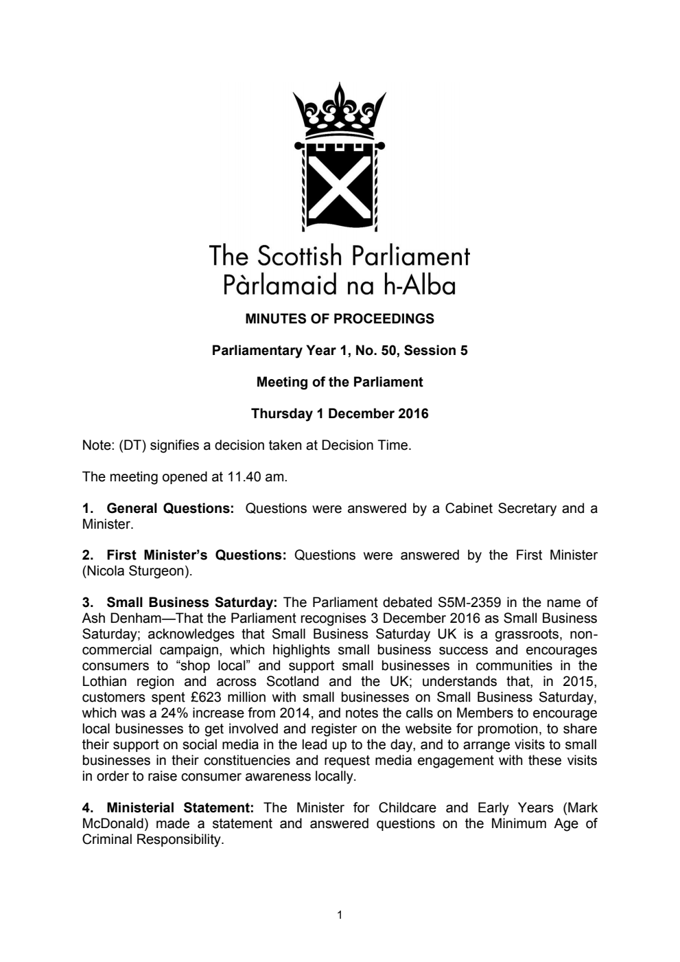 Minutes of Proceedings 1 December 2016 Vol. 1, No. 50 Session 5