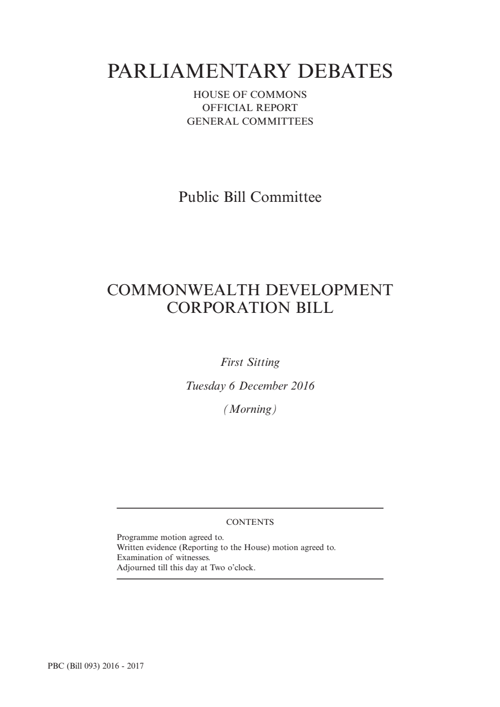 Commonwealth Development Corporation Public Bill Committee 1st Sitting 6th December 2016 AM