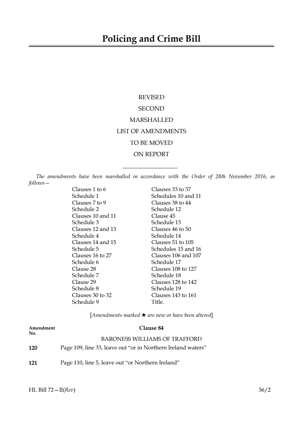 Policing and Crime Bill Lords Amendments Revised 2nd Marshalled List
