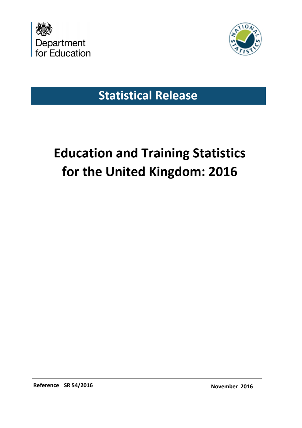 Statistics of Education: Education and Training Statistics for the United Kingdom 2016