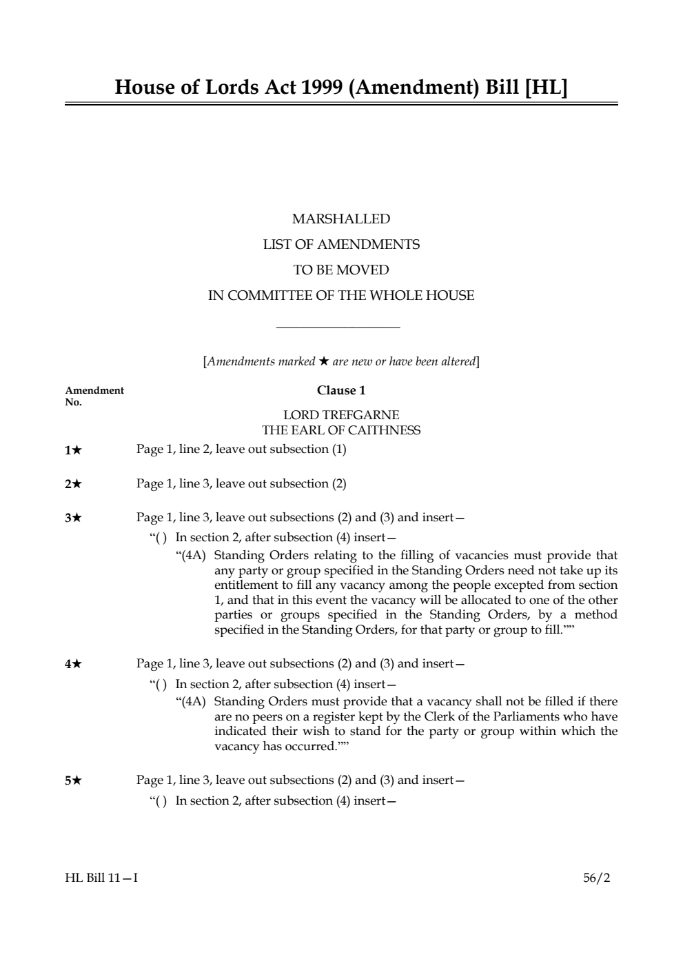 House of Lords Act 1999 (Amendment) Bill Lords Amendments 1st Marshalled List