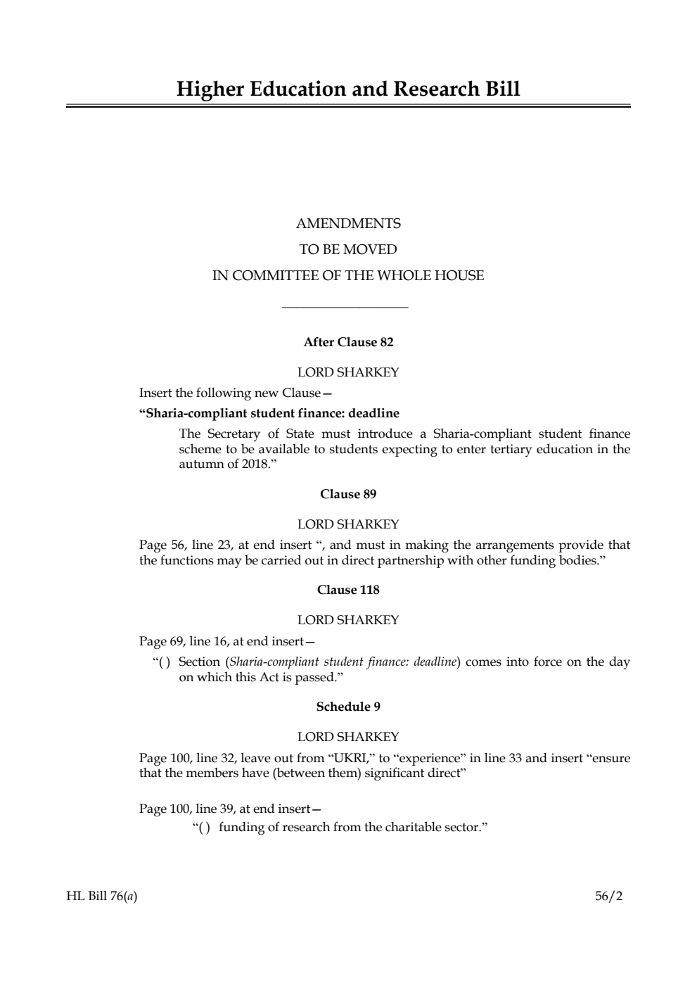 Higher Education and Research Bill Lords Amendments