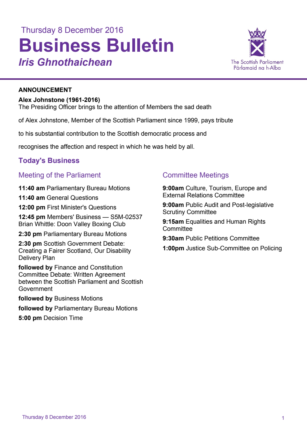 Business Bulletin, Thursday 8th December 2016