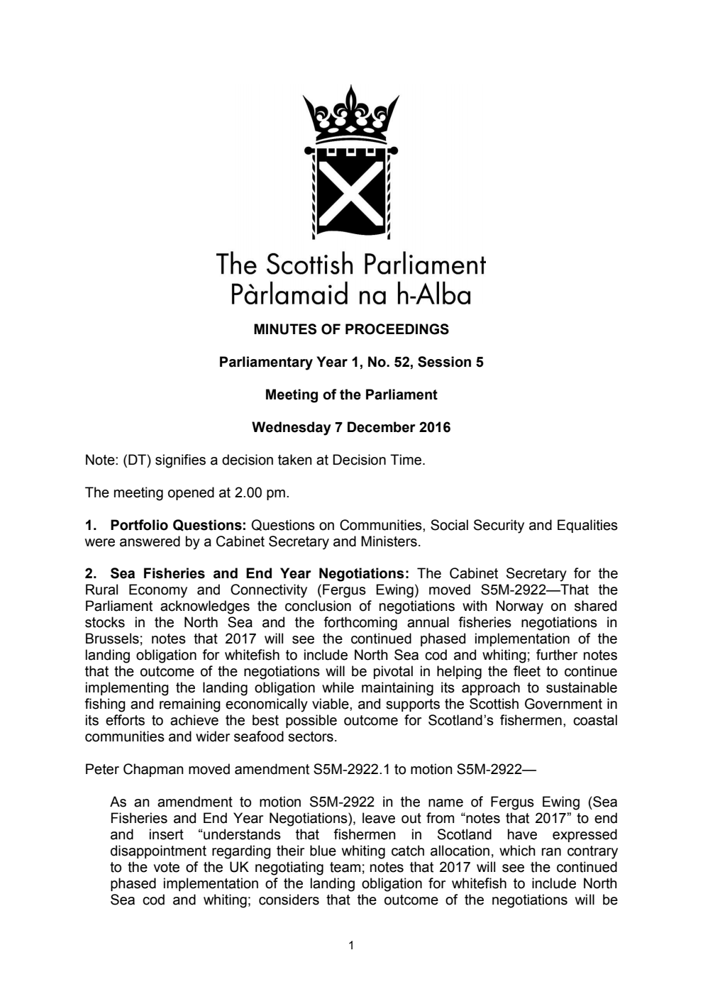 Minutes of Proceedings 7 December 2016 Vol. 1, No. 52 Session 5