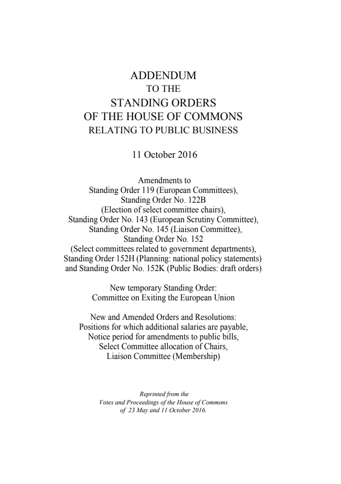 Addendum to the Standing Orders of the House of Commons Relating to Public Business 2016, October 2016