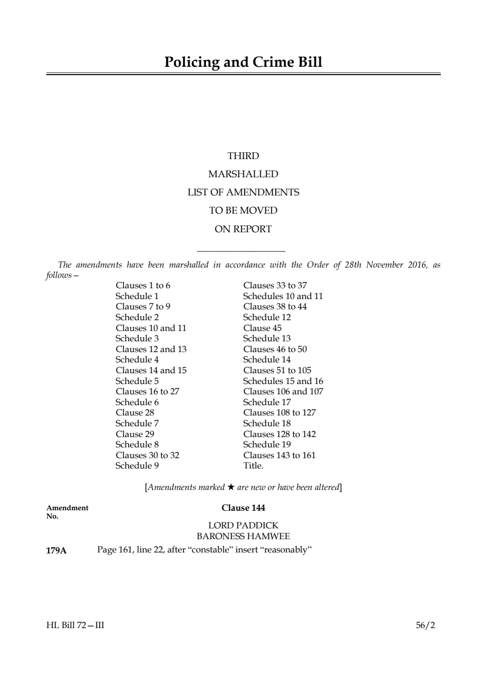 Policing and Crime Bill Lords Amendments 3rd Marshalled List