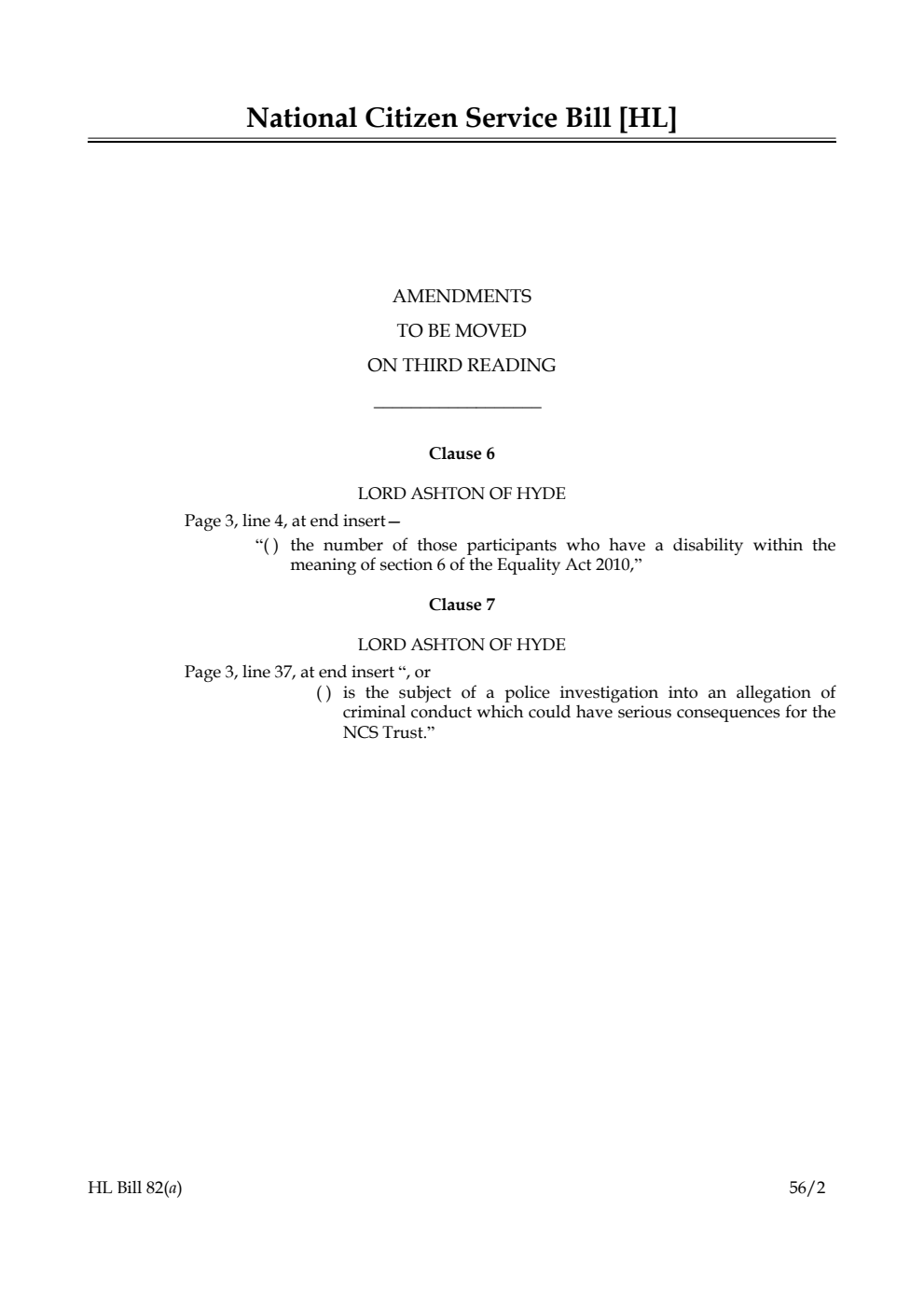 National Citizen Service Bill Lords Amendments