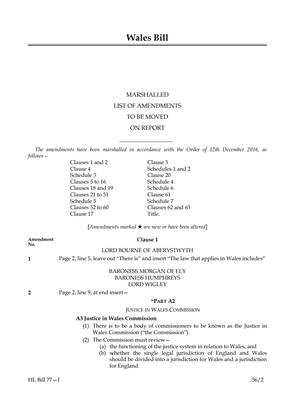 Wales Bill Lords Amendments 1st Marshalled List