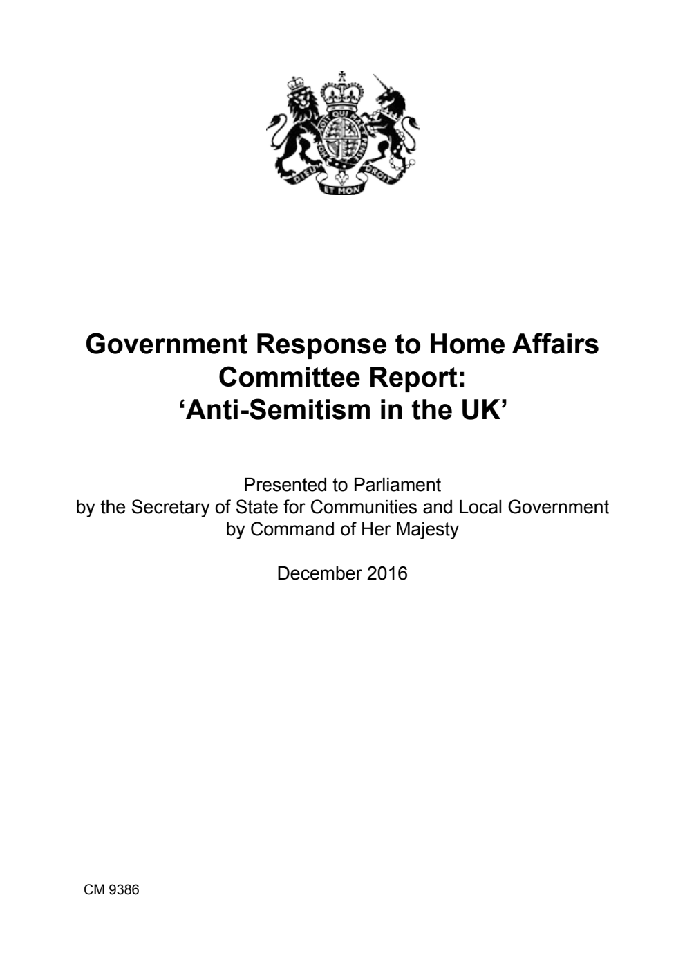 Government Response to Home Affairs Committee Report: ‘Anti-Semitism in the UK’