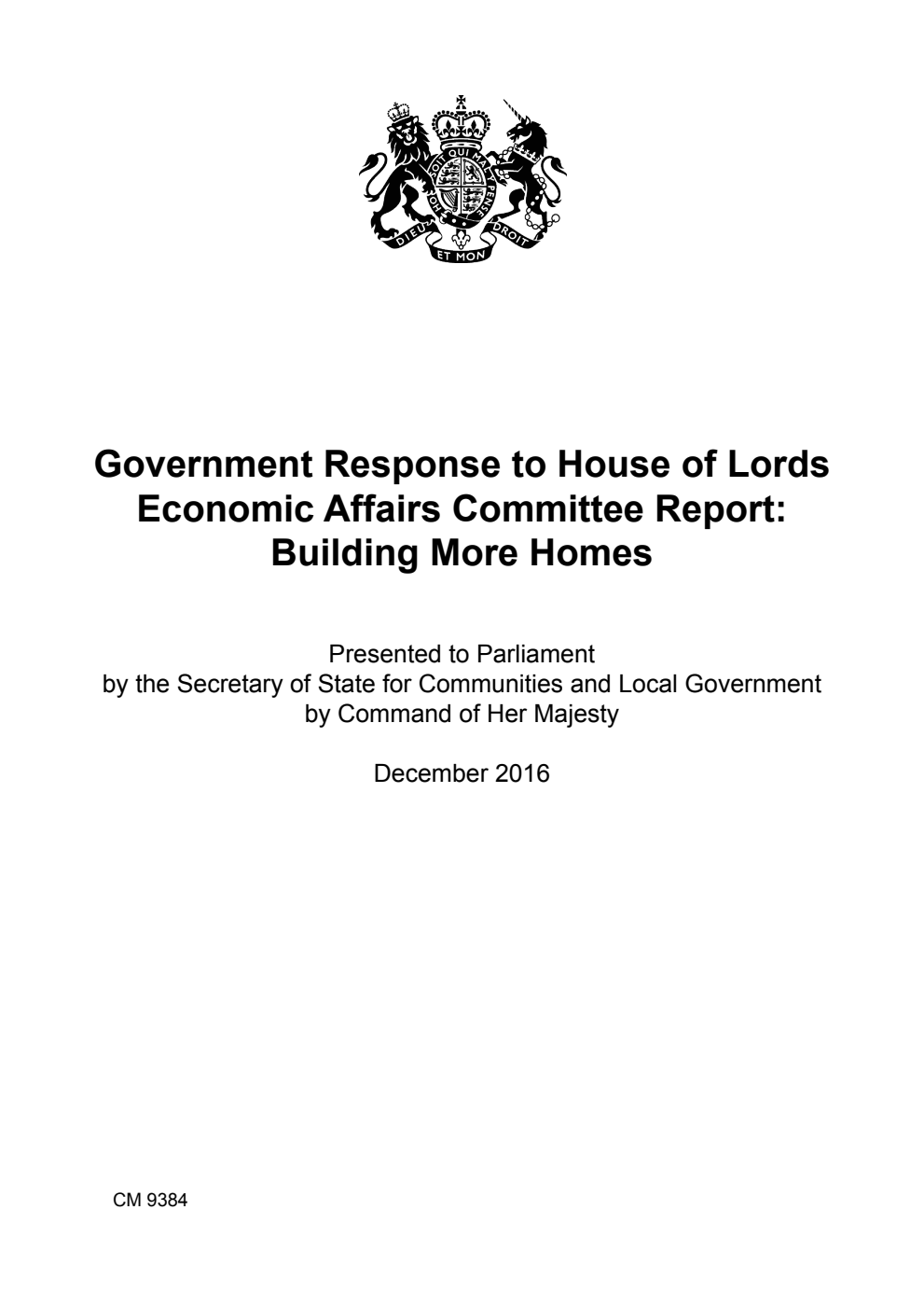 Government Response to House of Lords Economic Affairs Committee Report: Building More Homes