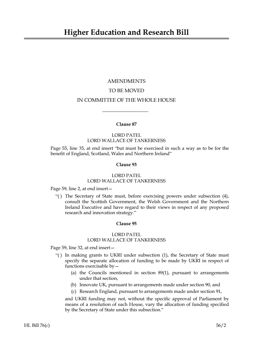 Higher Education and Research Bill Lords Amendments