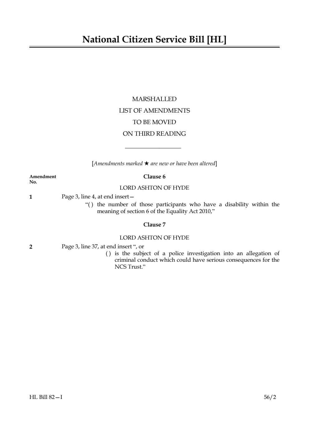 National Citizen Service Bill Lords Amendments 1st Marshalled List