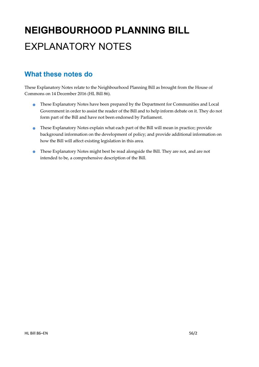 Neighbourhood Planning Bill Explanatory Notes