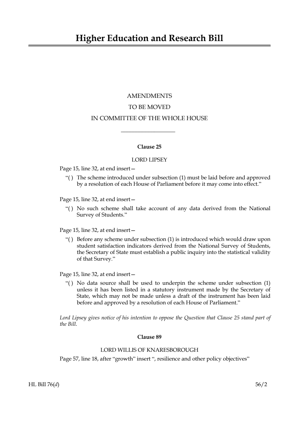Higher Education and Research Bill Lords Amendments
