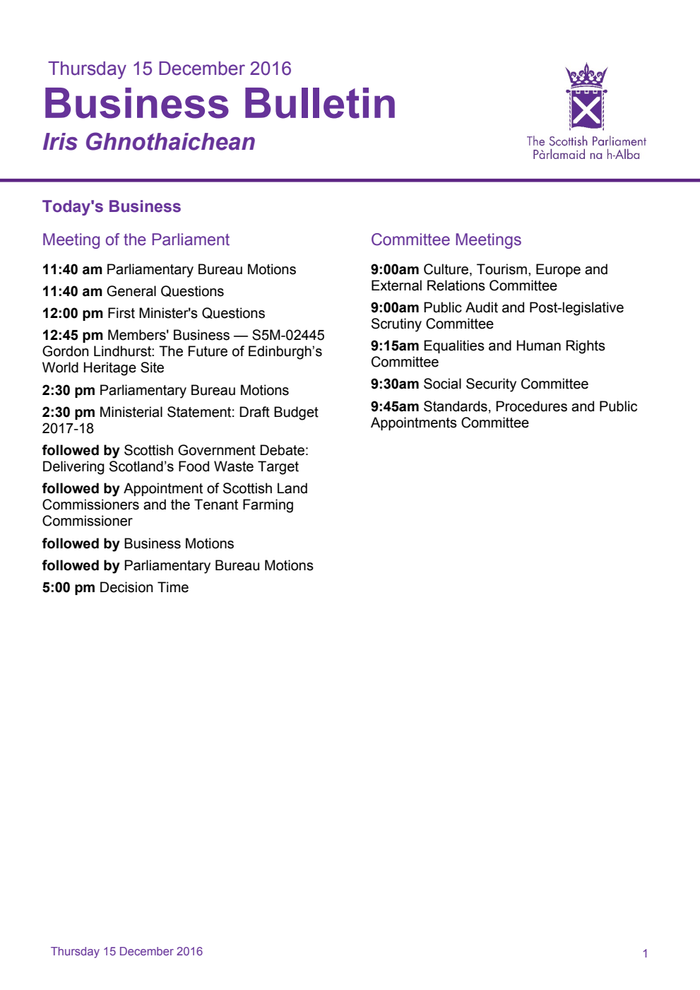 Business Bulletin, Thursday 15th December 2016