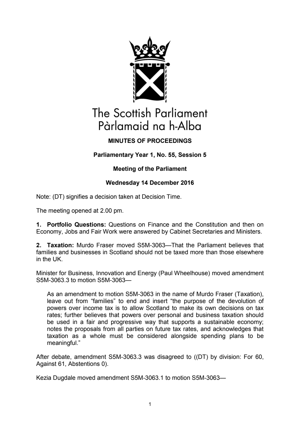 Minutes of Proceedings 14 December 2016 Vol. 1, No. 55 Session 5