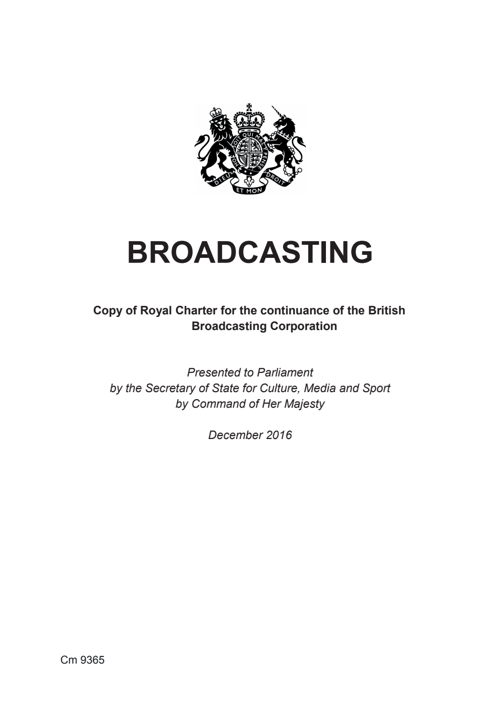 Broadcasting - Copy of Royal Charter for the continuance of the British Broadcasting Corporation