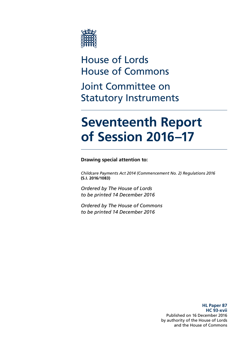 Statutory Instruments Joint Committee 17th Report of Session 2016-17