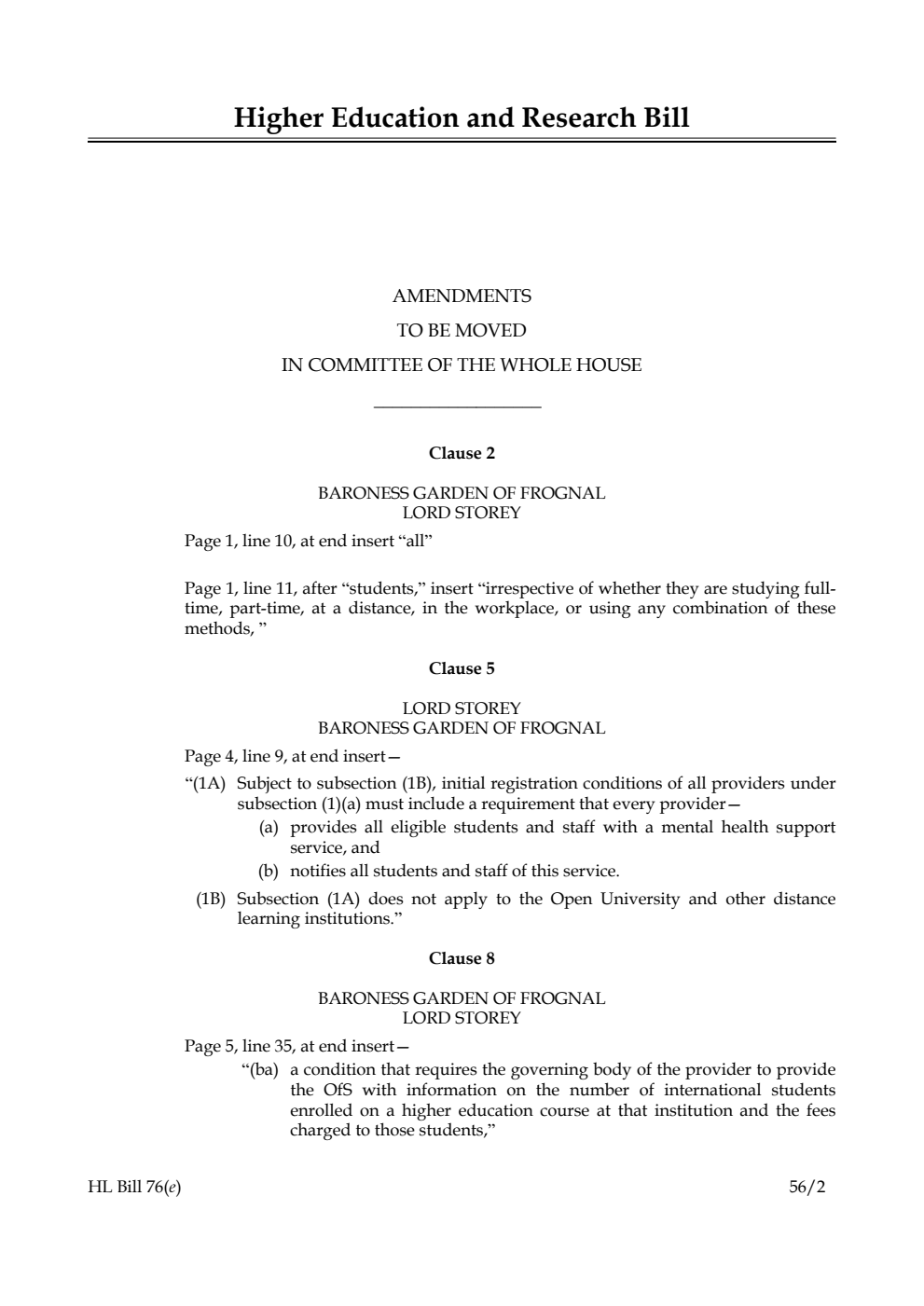 Higher Education and Research Bill Lords Amendments