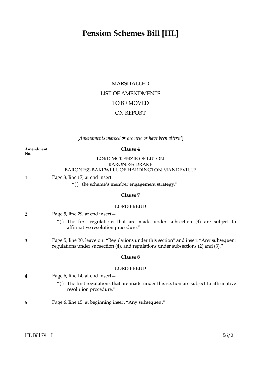 Pension Schemes Bill Lords Amendments 1st Marshalled List