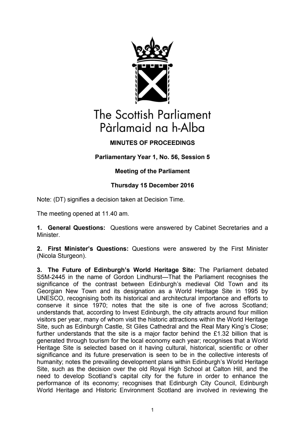 Minutes of Proceedings 15 December 2016 Vol. 1, No. 56 Session 5