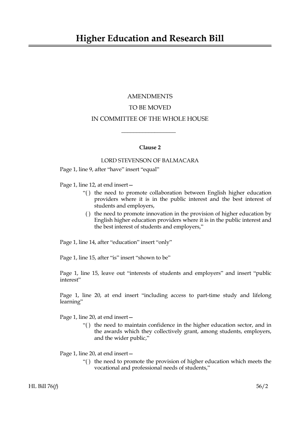 Higher Education and Research Bill Lords Amendments