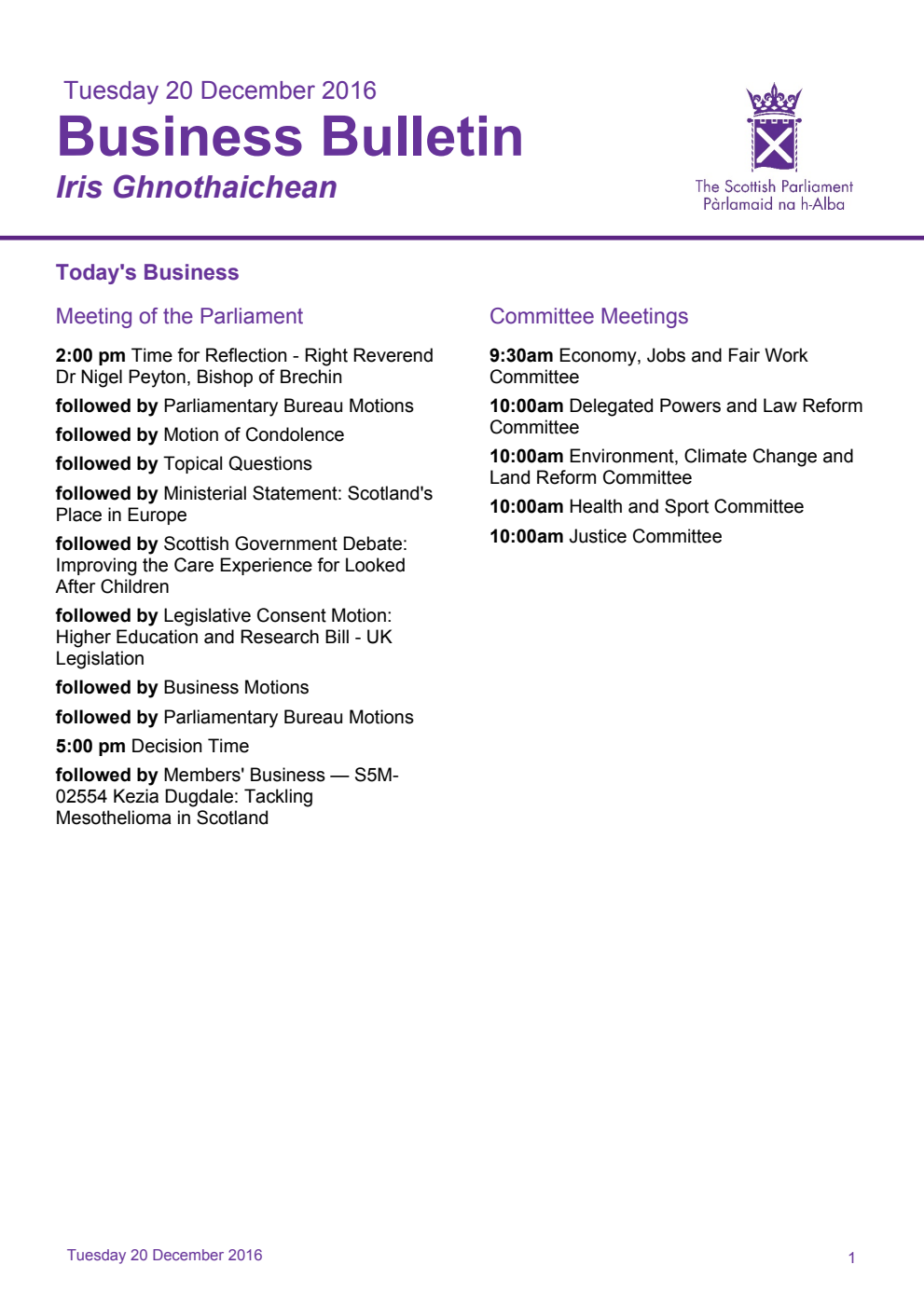 Business Bulletin, Tuesday 20th December 2016