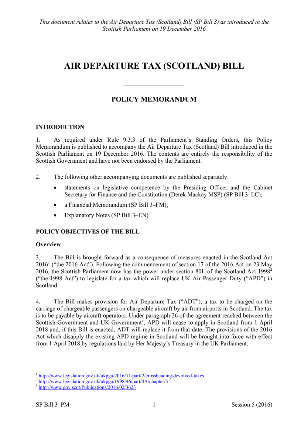 Air Departure Tax (Scotland) Bill Policy Memorandum