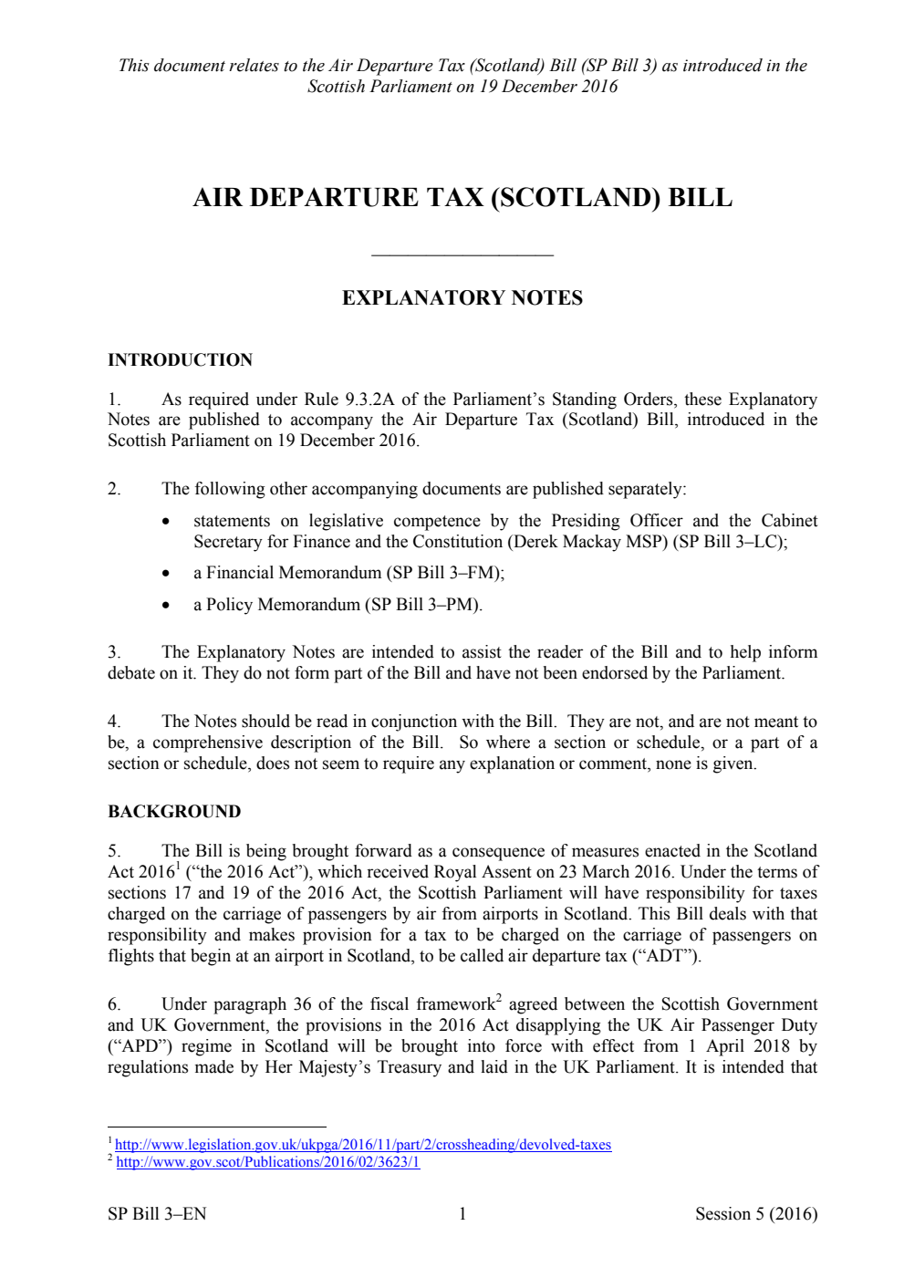 Air Departure Tax (Scotland) Bill Explanatory Notes