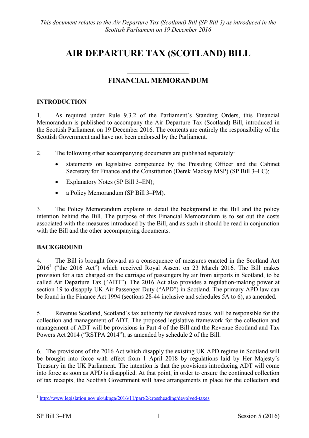 Air Departure Tax (Scotland) Bill Financial Memorandum