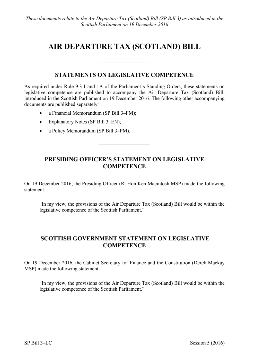 Air Departure Tax (Scotland) Bill Statements on Legislative Competence