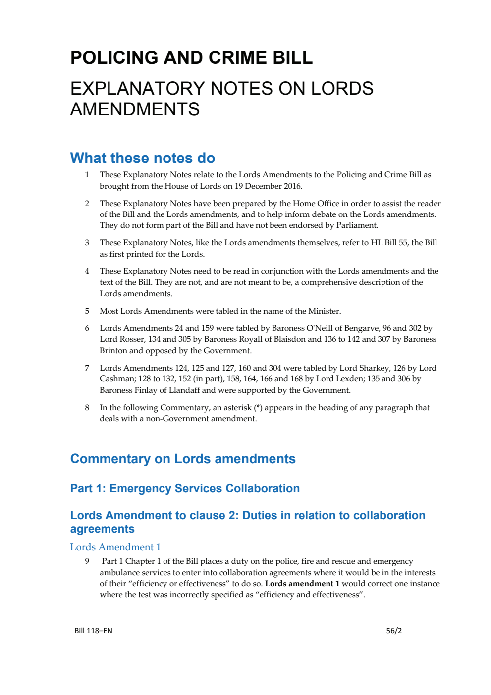 Policing and Crime Bill Explanatory Notes on Lords Amendments
