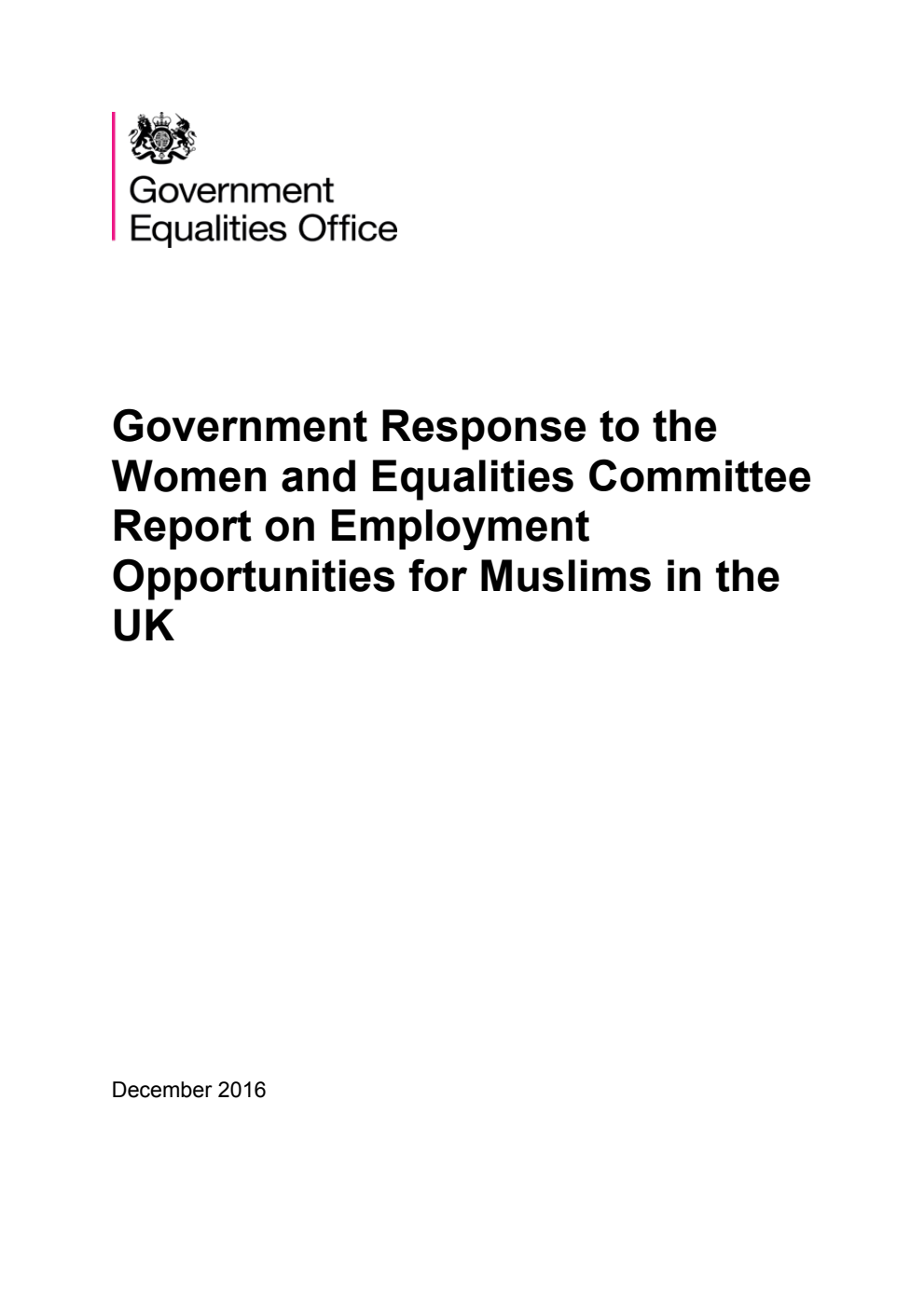 Government Response to the Women and Equalities Committee Report on Employment Opportunities for Muslims in the UK