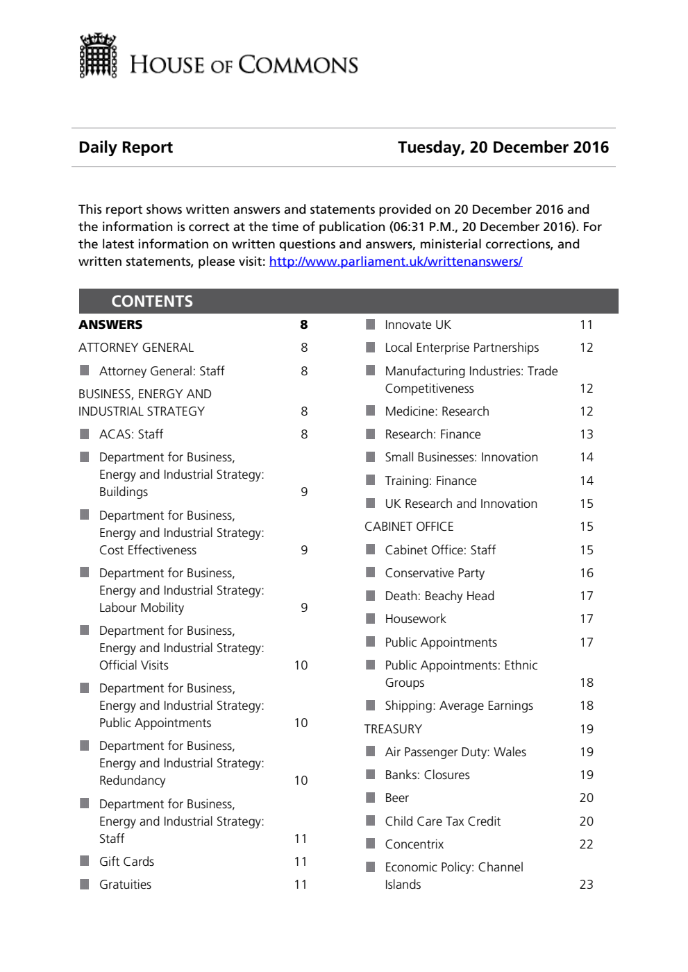 HOC Daily Report Written Answers 20.12.16