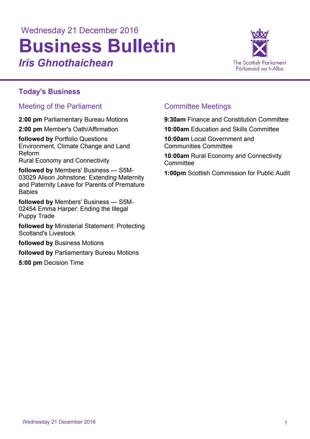 Business Bulletin, Wednesday 21st December 2016