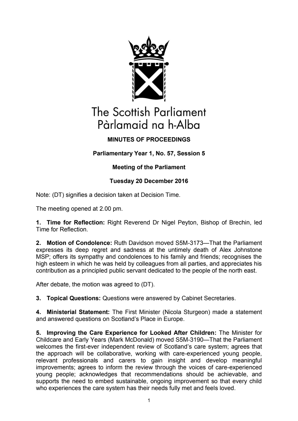 Minutes of Proceedings 20 December 2016 Vol. 1, No. 57 Session 5