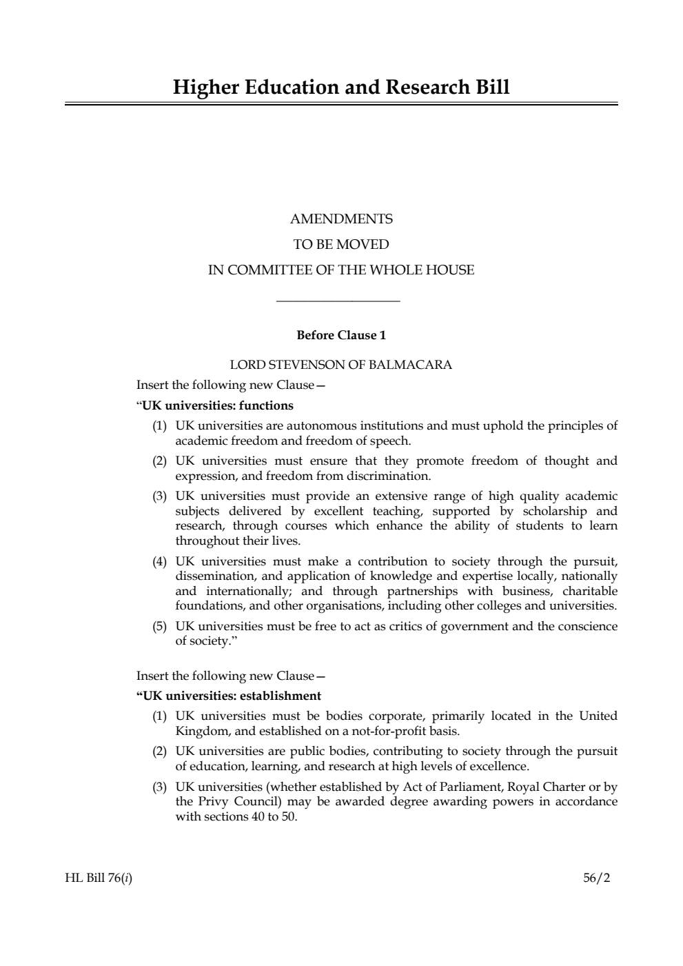 Higher Education and Research Bill Lords Amendments