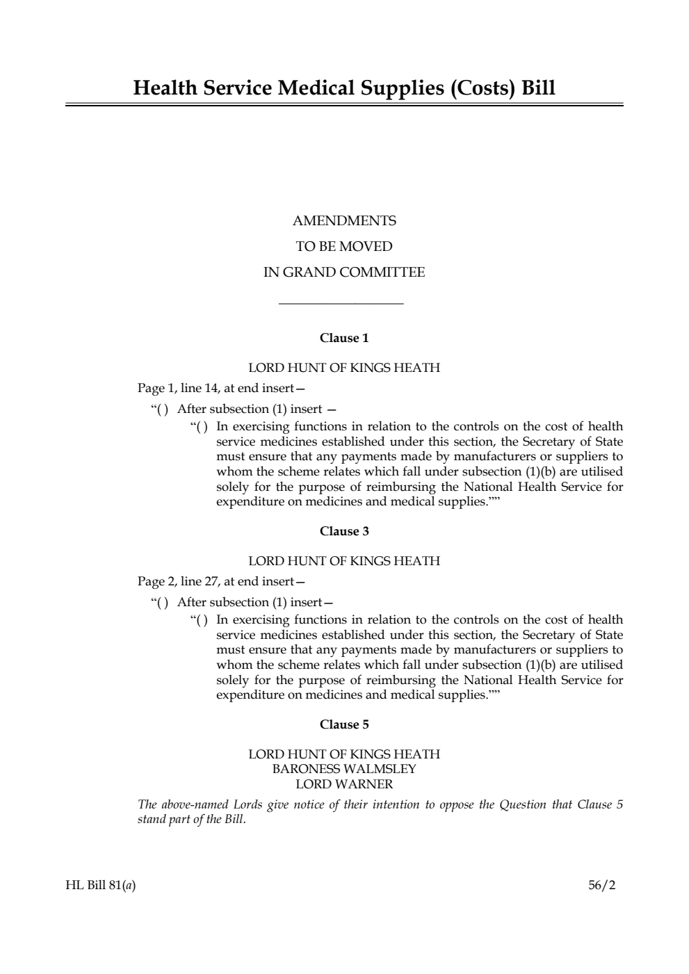 Health Service Medical Supplies (Costs) Bill Lords Amendments