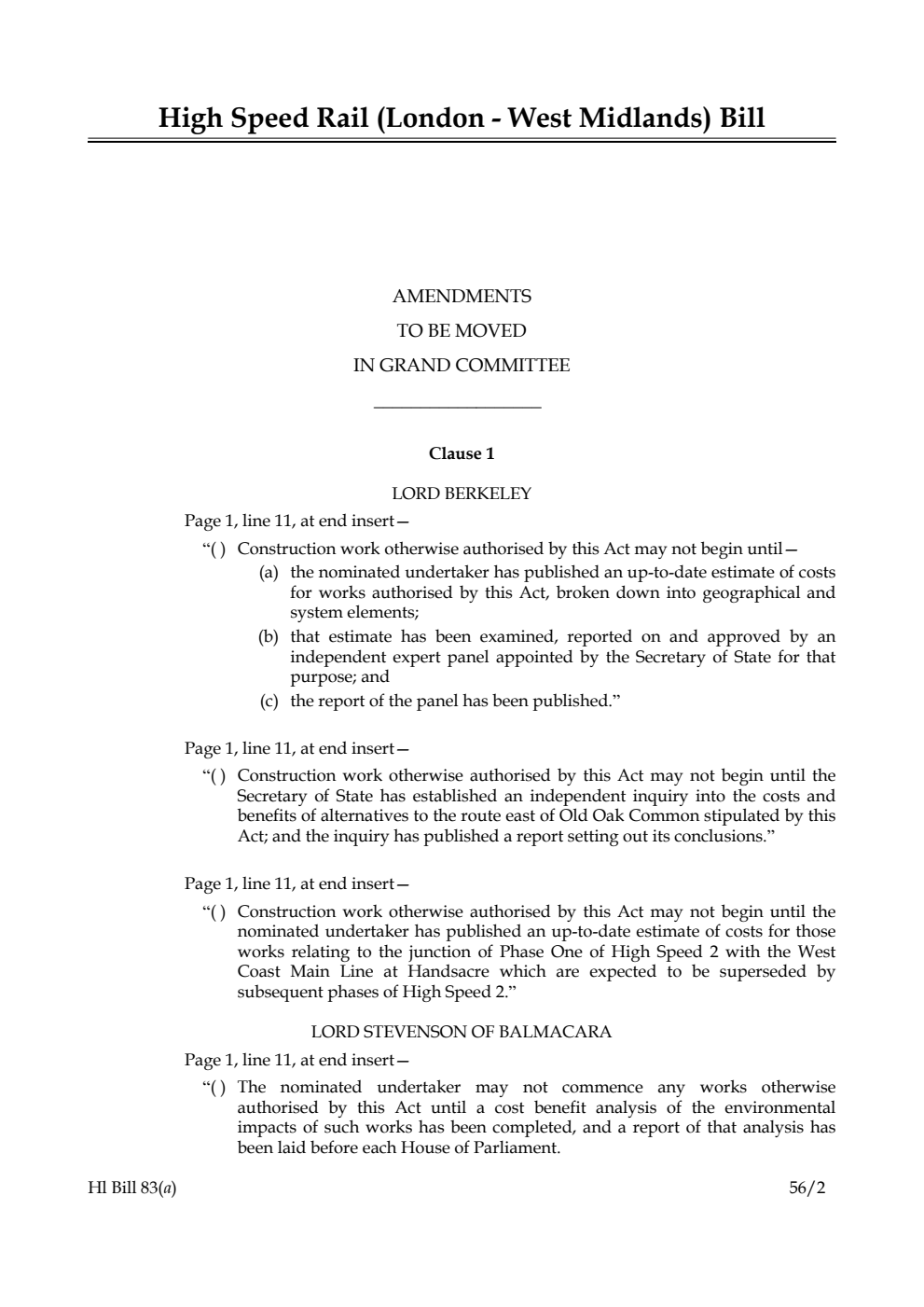 High Speed Rail (London - West Midlands) Bill Lords Amendments