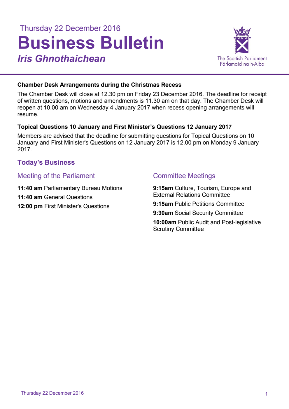 Business Bulletin, Thursday 22nd December 2016