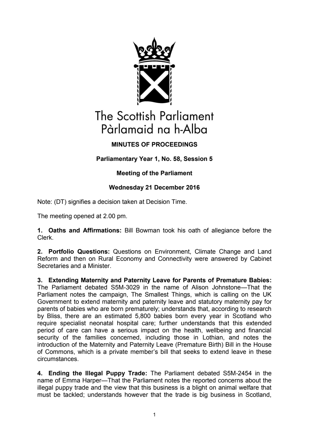 Minutes of Proceedings 21 December 2016 Vol. 1, No. 58 Session 5