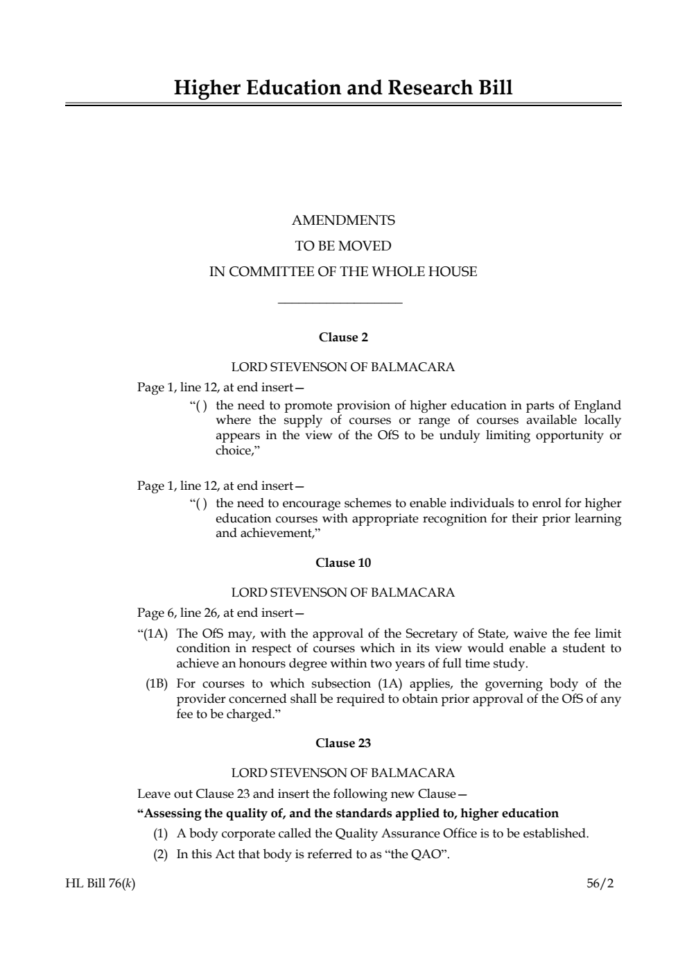 Higher Education and Research Bill Lords Amendments