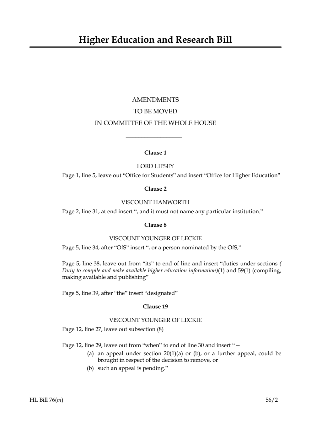 Higher Education and Research Bill Lords Amendments
