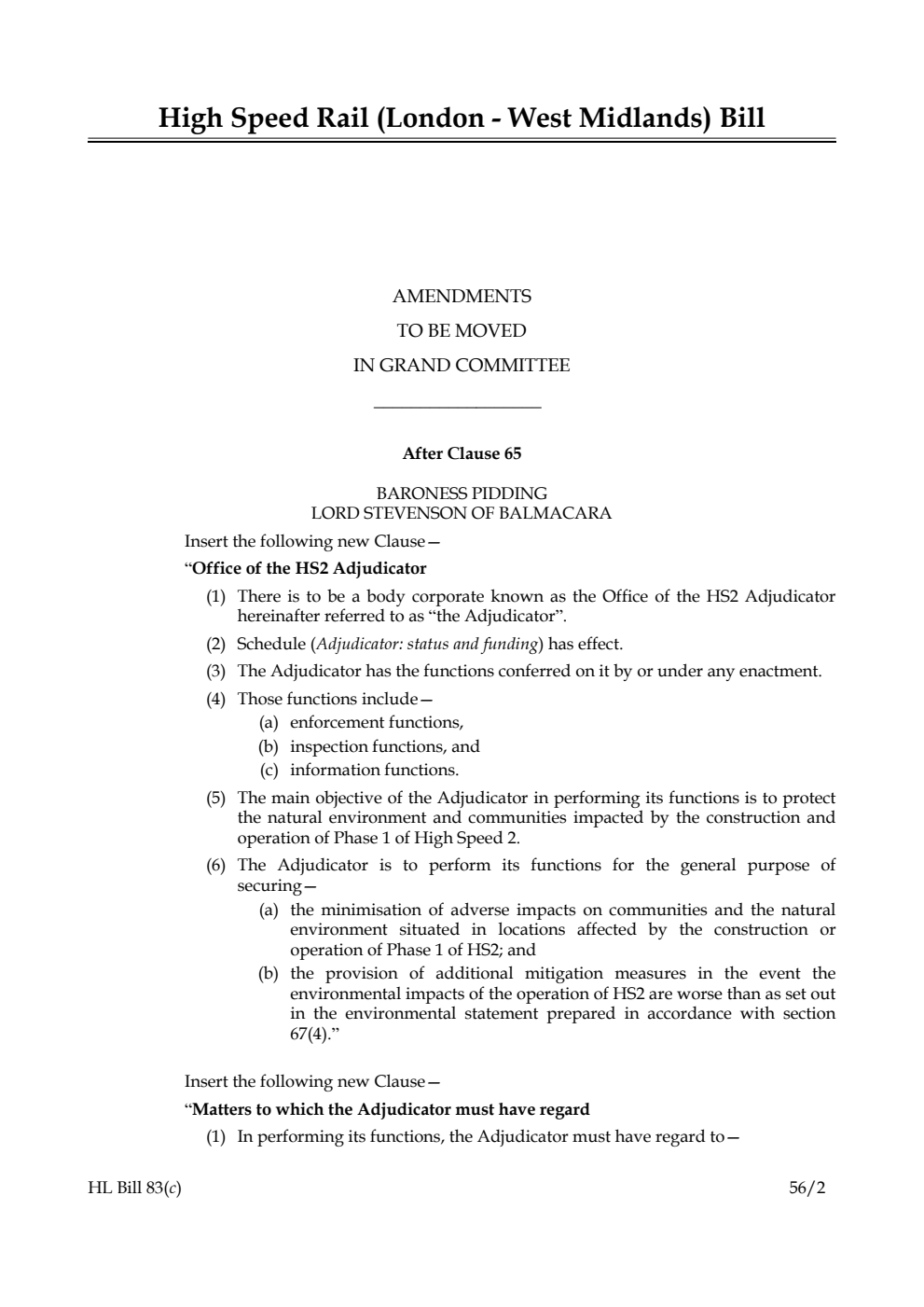 High Speed Rail (London - West Midlands) Bill Lords Amendments