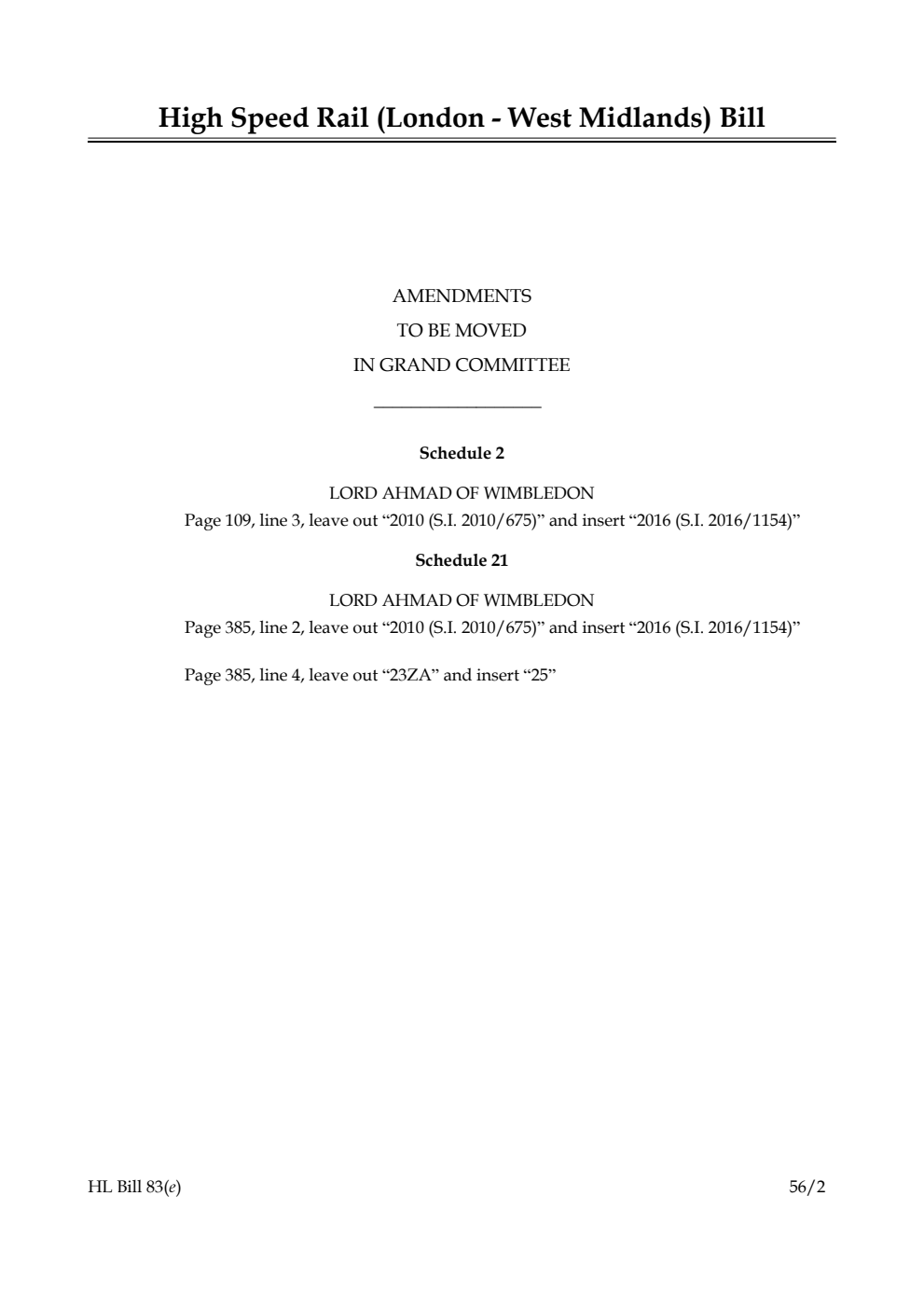 High Speed Rail (London - West Midlands) Bill Lords Amendments
