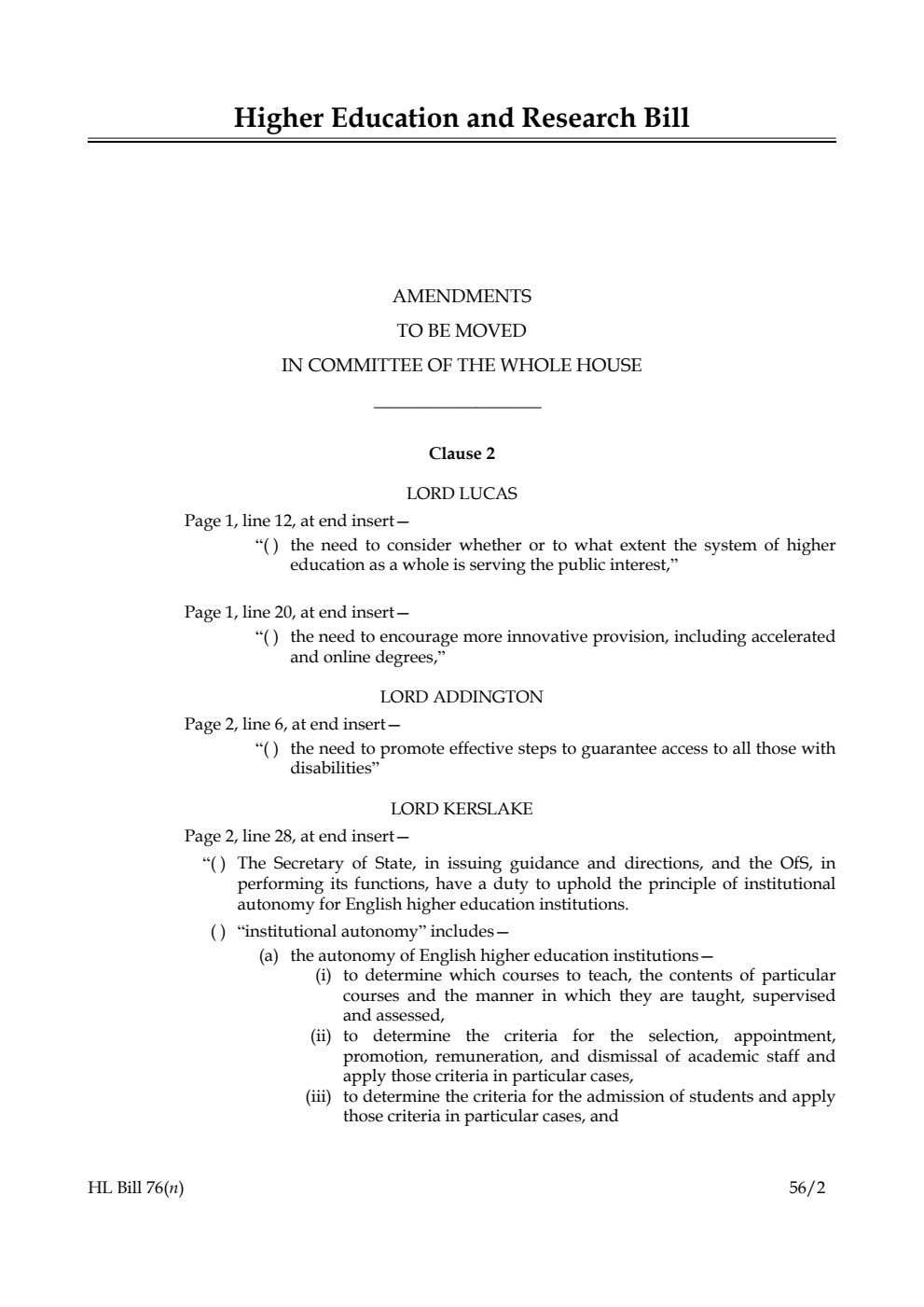 Higher Education and Research Bill Lords Amendments